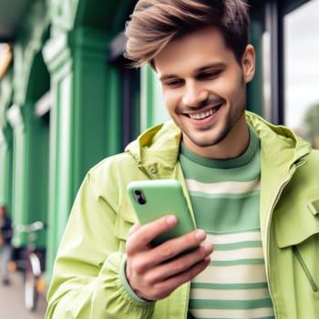 happy young attractive fashionable man wearing lime wedge colored clothes using a phone in a color coordinated street generative ai