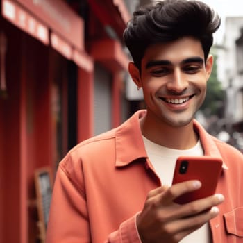 happy young attractive fashionable man wearing burnt coral colored clothes  using a phone in a color coordinated street generative ai