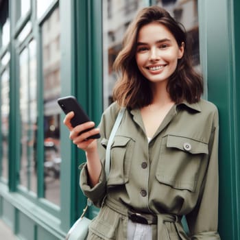 happy young attractive fashionable woman wearing ash green colored clothes using a phone in a color coordinated street generative ai