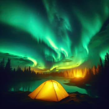 camping at night under the northern lights aurora borealis generative ai