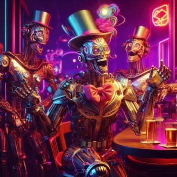 3d art of comical drunk happy flamboyant futuristic robot in a bar generative ai
