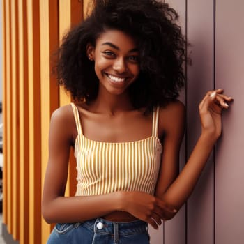 contemporary portrait of a cheerful young fashionable black woman