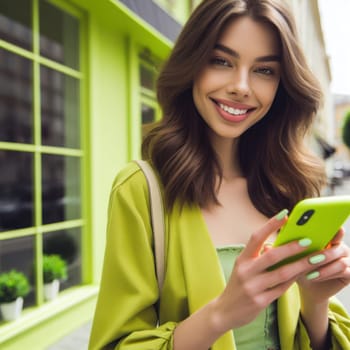 happy young attractive fashionable woman wearing lime wedge colored clothes using a phone in a color coordinated street generative ai