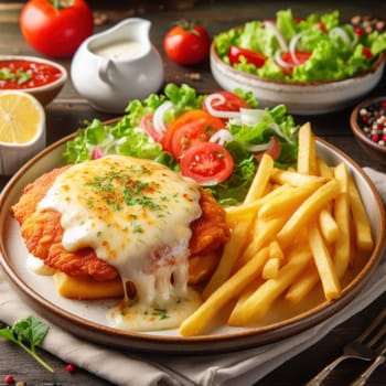 delicious chicken parmigiana schnitzel served with fries and salad generative ai