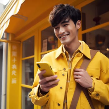 happy young attractive fashionable man wearing canary yellow clothes using a phone in a color coordinated street generative ai