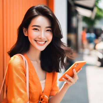 happy young attractive fashionable asian woman wearing orange clothes using a phone in a color coordinated street generative ai