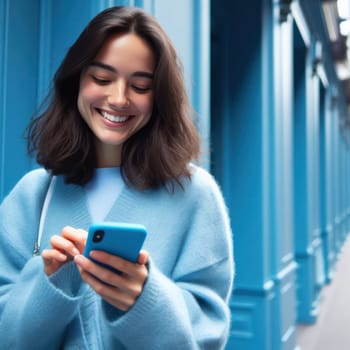 happy young attractive fashionable woman wearing cerulean blue clothes using a phone in a color coordinated street generative ai