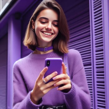 happy young attractive fashionable woman wearing purple voilet haze clothes using a phone in a color coordinated street generative ai