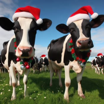 comical image of cows in the field wearing santa hat generative ai