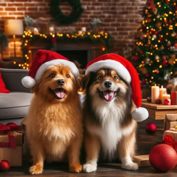 two happy dogs wearing santa hat amongst the gifts at christmas time