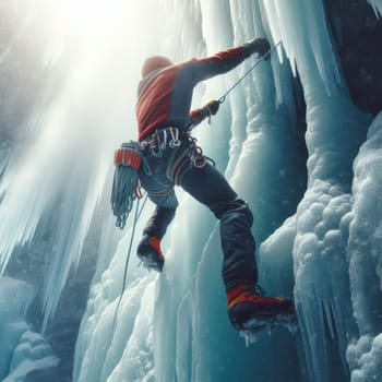 ice climber scaling an icy mountain to reach the peak and success generative ai