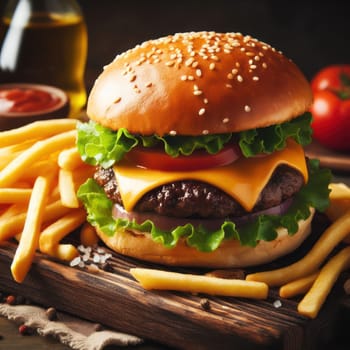 delicious perfect burger served with fries on a wooden board in a rustic cafe generative ai