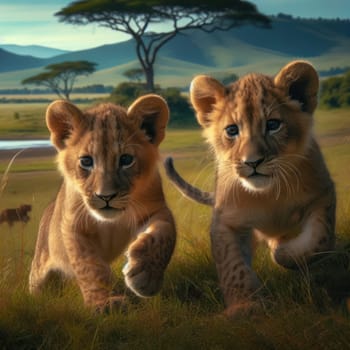 two young lion cubs playing and learning to hunt together generative ai