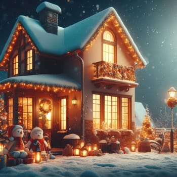 classic snow covered house at christmas with lights and decorations generative ai