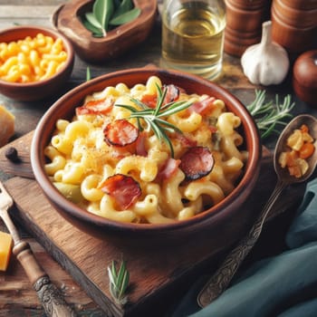 delicious bowl of macaroni and cheese on a rustic table generative ai