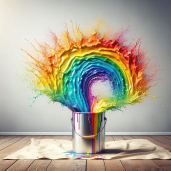 big splash of multicolored rainbow paint coming out of the can onto the wall generative ai