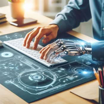 closeup of person typing on keyboard with a futuristic enhanced robotic arm in the office generative ai