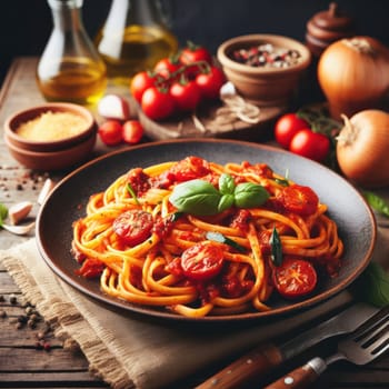 delicious traditional italian pasta puttanesca on a rustic table generative ai