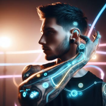 advertising or fashion style shoot of a person with futuristic robotic cybernetic enhancements generative ai