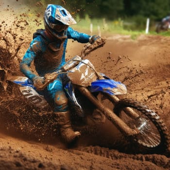 action closeup of motocross rider on track with mud spraying generative ai
