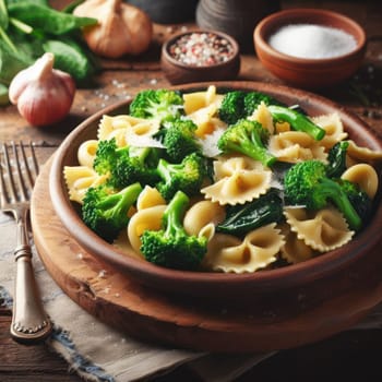 delicious traditional italian farafelle with broccoli rabe on a rustic table generative ai