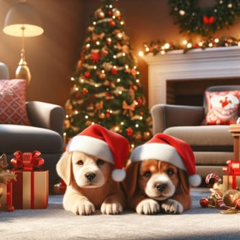 two cute puppy dogs wearing santa hats amongst the gifts at christmas time generative ai