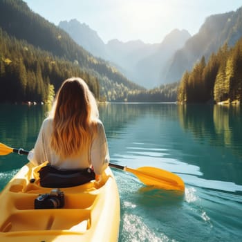 woman kayaking or canoeing on a flat water lake at sunrise generative ai photo