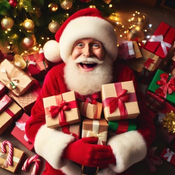 very happy santa claus is surrounded by gifts and presents generative ai