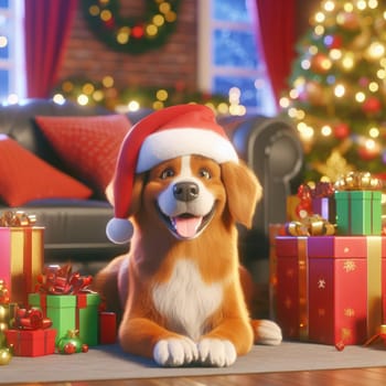 gorgeous dog wearing santa hat amongst the gifts at christmas time generative ai