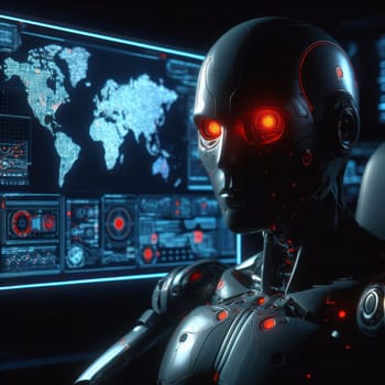 evil AI humanoid robot thinking and plotting to take over the world generative ai