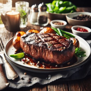 perfect char grilled angus steak in a rustic setting generative ai