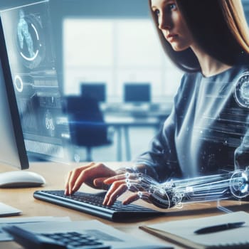 woman using an futuristic enhanced robotic cybernetics arm in the office generative ai