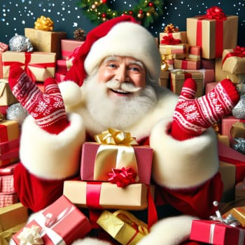 very happy santa claus is surrounded by gifts and presents generative ai
