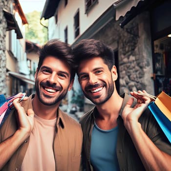 two happy smiling men shopping while on vacation generative ai