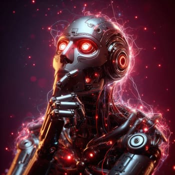 evil AI humanoid robot thinking and plotting to take over the world generative ai