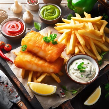 delicious british fried fish and chips with tartar sauce and lemon served on paper generative ai