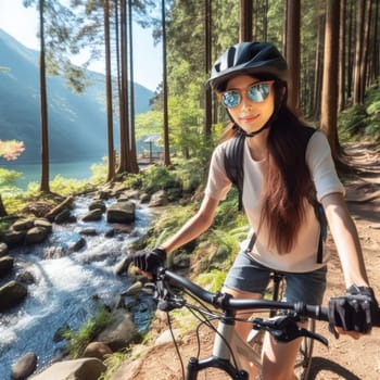 young woman on a mountain bike enjoying a nature trail generative ai