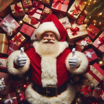 very happy santa claus is surrounded by gifts and presents generative ai