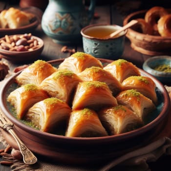 plate of delicious greek or turkish baklava on a plate in a rustic setting generative ai
