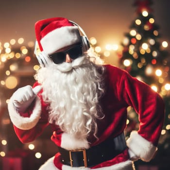santa with headphones and sunglasses dancing in the lounge room generative ai