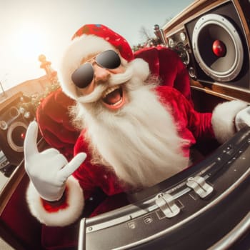 santa or father christmas rockin to loud music in the sleigh generative ai