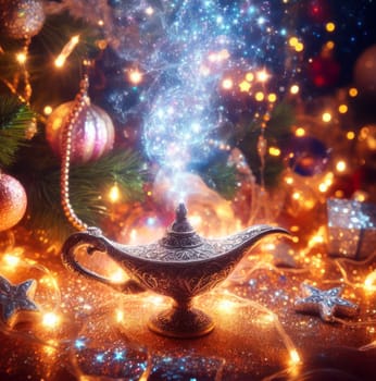 make a wish with the magical genie lamp at christmas time generative ai