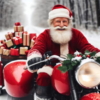 happy santa or father christmas on a red motorbike with presents generative ai