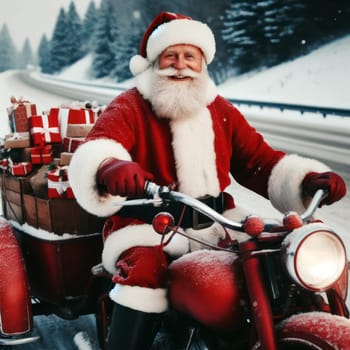 happy santa or father christmas on a red motorbike with presents generative ai