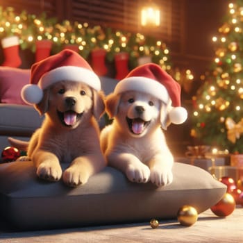 two cute puppy dogs wearing santa hats amongst the gifts at christmas time generative ai