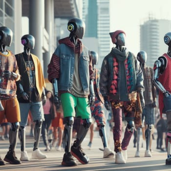 gang of futuristic teenage humanoid robots in street wear on an urban street generative ai