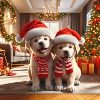 gorgeous puppies wearing santa hats amongst the gifts at christmas time generative ai