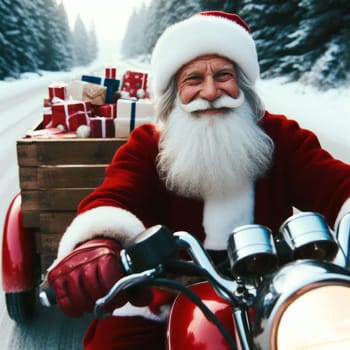 happy santa or father christmas on a red motorbike with presents generative ai
