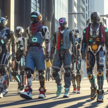 gang of futuristic teenage humanoid robots in street wear on an urban street generative ai