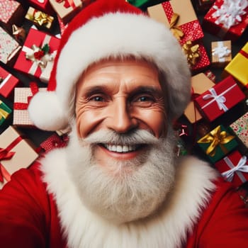 very happy santa claus is surrounded by gifts and presents generative ai